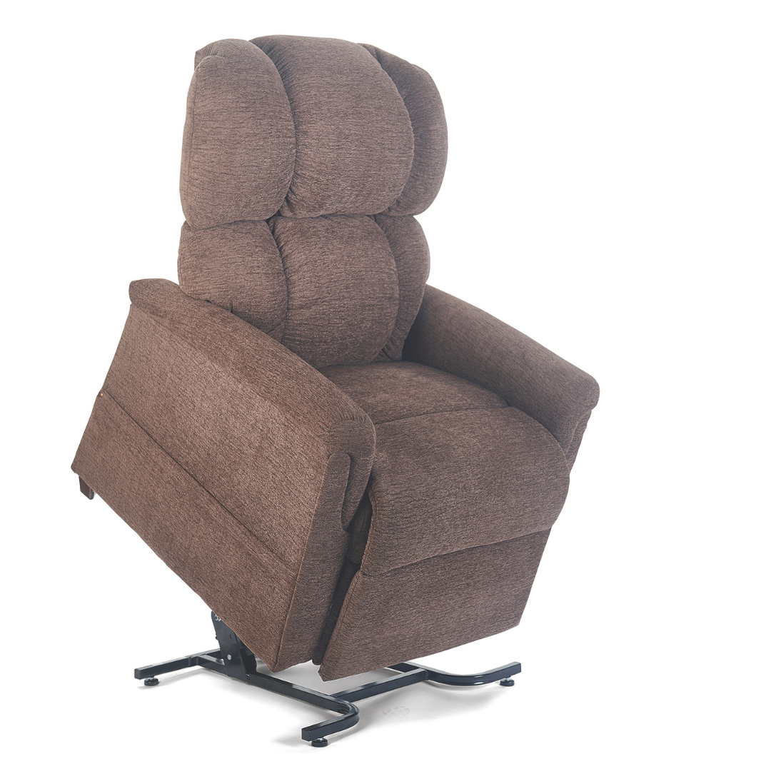The Golden Tech PR531 Comforter Recliner w/ Lift Assist is a plush brown power lift chair with padded armrests and cushioned support, shown partially raised on a sturdy metal base to help users stand up.